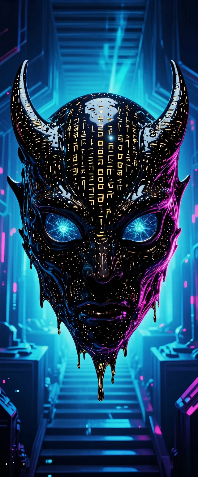 A hyper-detailed, macro-photography portrait of a transcendent, apex demonic entity made entirely of highly polished, Vantablack-like obsidian. The entity’s surface is intricately etched with microscopic, glowing gold cuneiform script and binary code