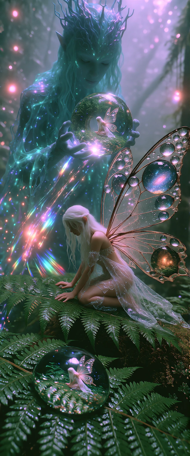 a detailed 8k cinematic photo of a beautiful, delicate fairy with translucent, filigree-style butterfly wings kneeling on a wet, lush fern leaf in a misty, ethereal forest. She has flowing white hair and is wearing a translucent, shimmering outfit.