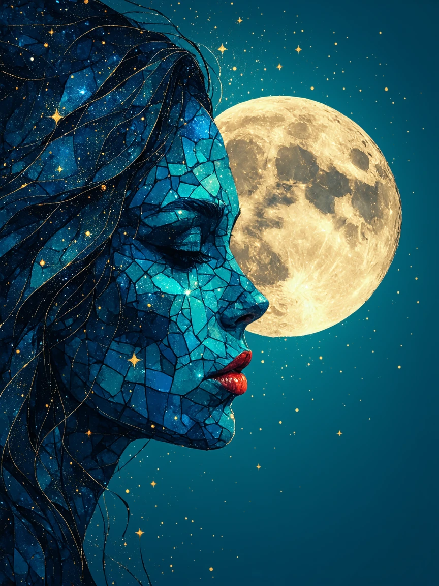 Stylized abstract portrait of a woman’s face in left-facing profile on the left side of the frame, her skin rendered as a mosaic of angular geometric segments in blue and teal with tiny embedded stars, closed eye with a long elegant eyelash, vivid br