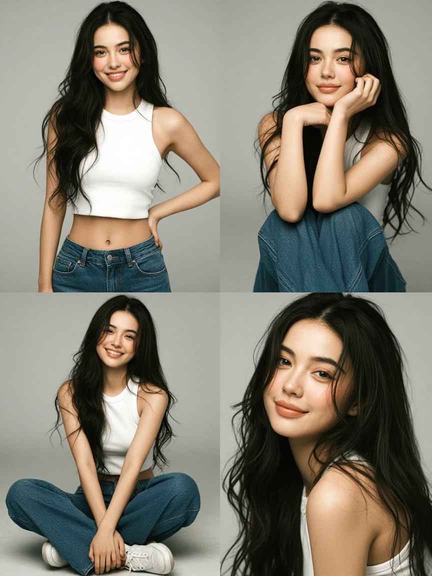 Ultra-realistic smartphone fashion editorial, 4-image square collage (1:1 grid layout), evenly spaced frames, clean borders. Subject: A highly attractive young woman (early 20s), same person across all 4 frames, soft feminine features, smooth light s