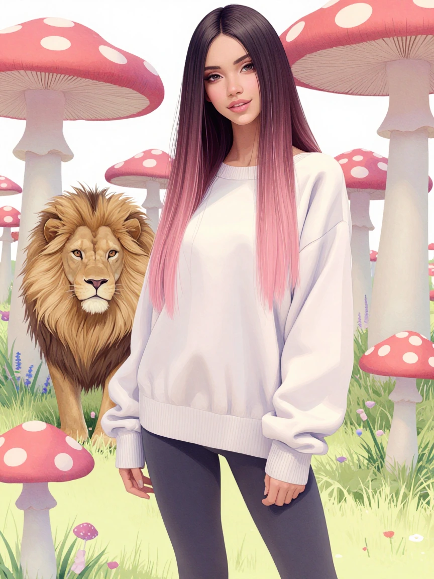 A beautiful woman with long straight ombre hair in springtime colors, with a lion in a psychedelic mushroom field, watercolor manga style, beautiful pose. Oversized sweater and leggings.