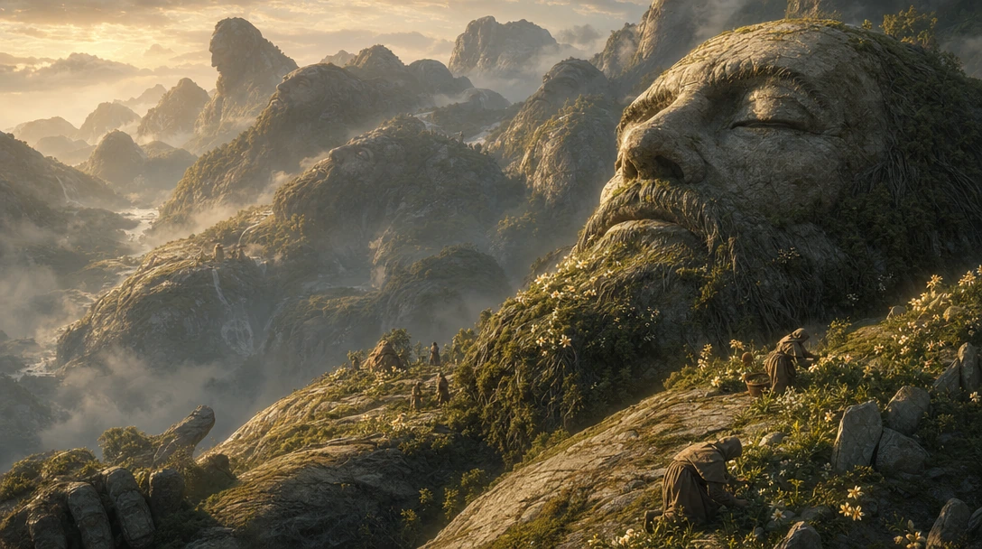 A sweeping landscape where colossal stone giants lie dormant across rolling terrain, their weathered faces and massive bodies indistinguishable from mountains—moss-covered skin fused with forest canopy, rivers flowing through deep crevices like veins