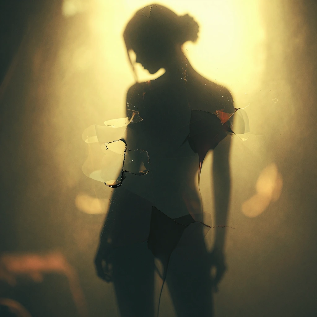 Vertical-format non-photographic illustration rendered in a viscous medium, with shallow depth of field and reduced depth clarity. A human figure appears in the midground as a partial silhouette, viewed from the back. The figure stands upright in a s