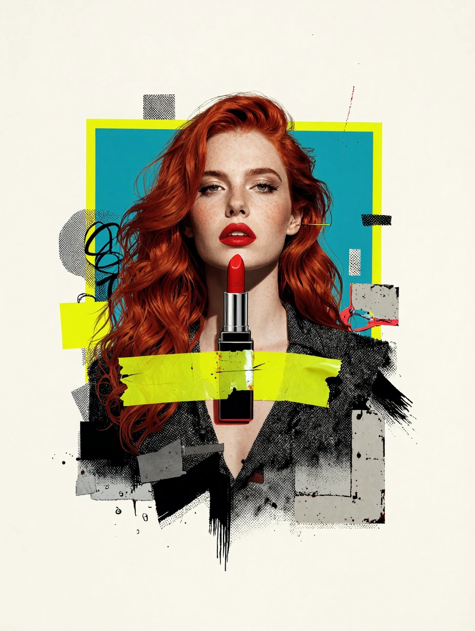 Glam redhead with freckles, full lips, and bold cinematic presence paired with a glossy red designer…