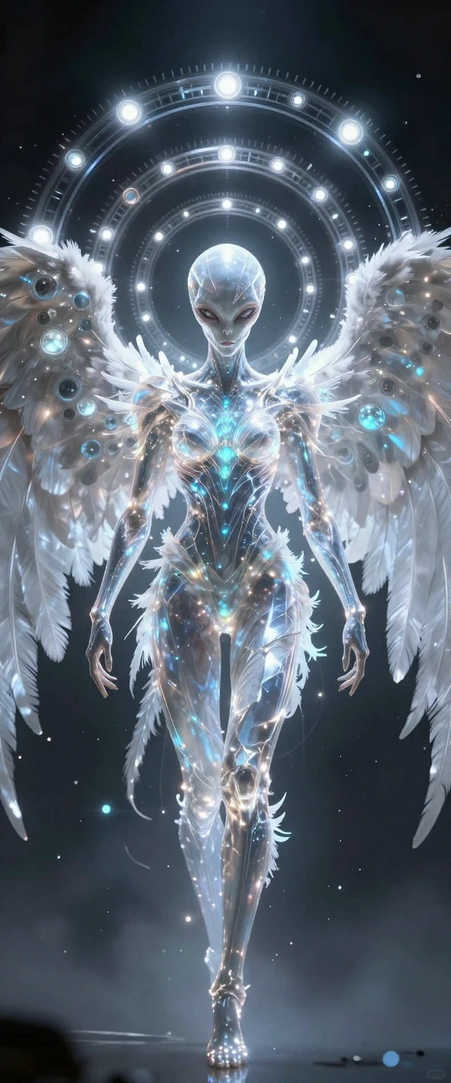 An alien "Angel," ditching feathers for bioluminescent, crystalline armor and interlocking gyroscopic rings of glowing optical sensors. High-contrast volumetric lighting piercing through atmospheric dust. The design utilizes static depth illusions an