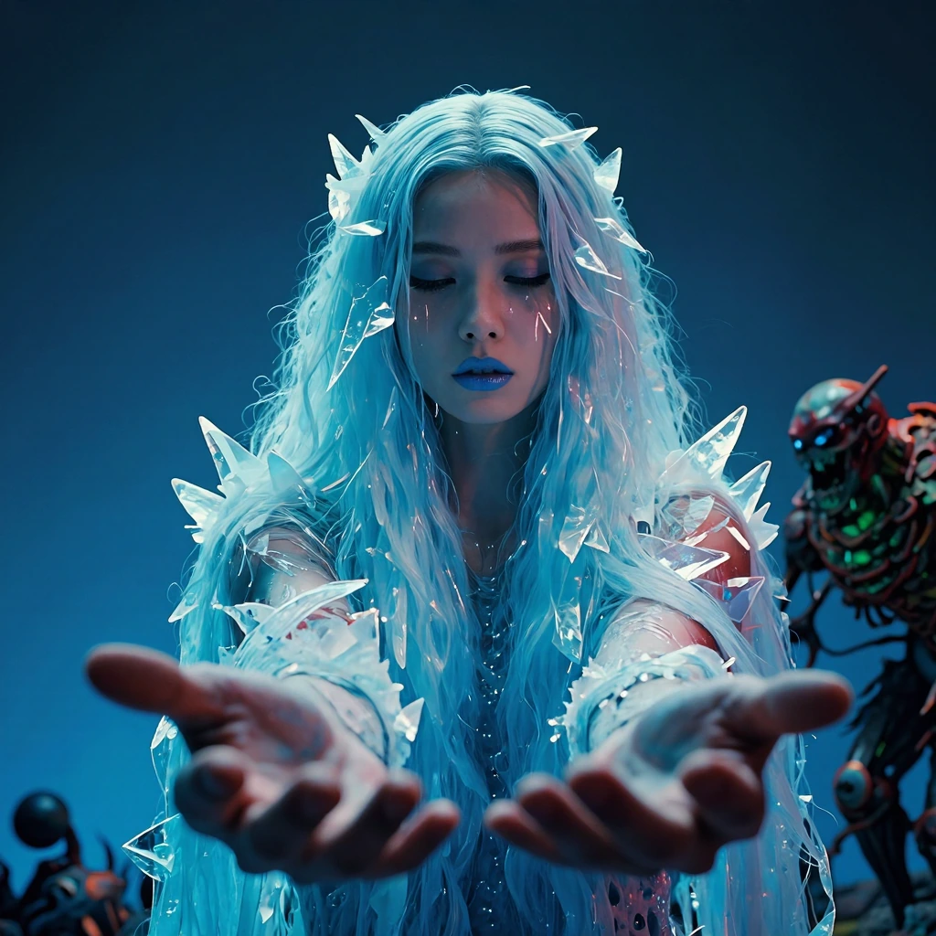 atmospheric lighting, highly detailed an ethereal beautiful 19 year old asian woman her skin is white, her hair is pale blue, blue lipstick and makeup