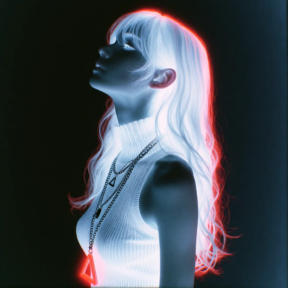 masterpiece, best quality, absurdres, safe, 1girl, solo, profile view, chin raised, head tilted up, long wavy hair, white hair, curtain bangs, sleeveless ribbed turtleneck, layered chains, inverted triangle pendant, inverted colors, film negative eff