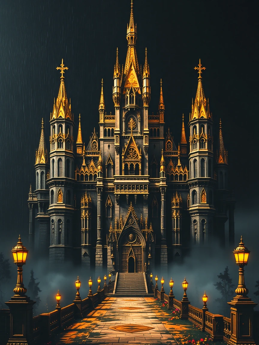 A giant black canvas with a gold castle kingdom stormwind inspired style