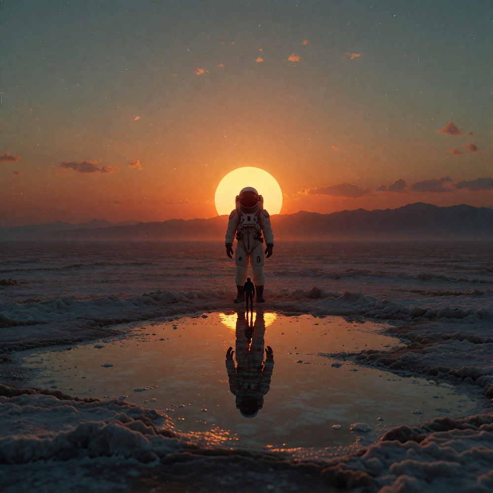 a lone astronaut standing at the edge of a vast salt flat desert at dawn, reflection perfect in wet ground, tiny human figure dwarfed by an enormous l