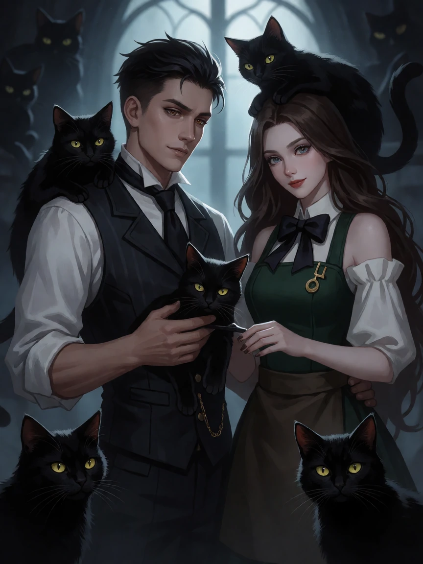 The tailor who mends shadows, dark souls style, creepy with cats, beautiful, creepy woman tailor
