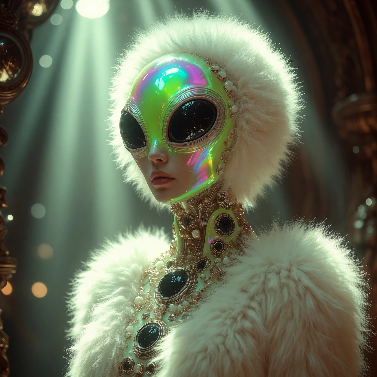 an iridescent fluffy neon white and neon green space alien woman, iridescent skin