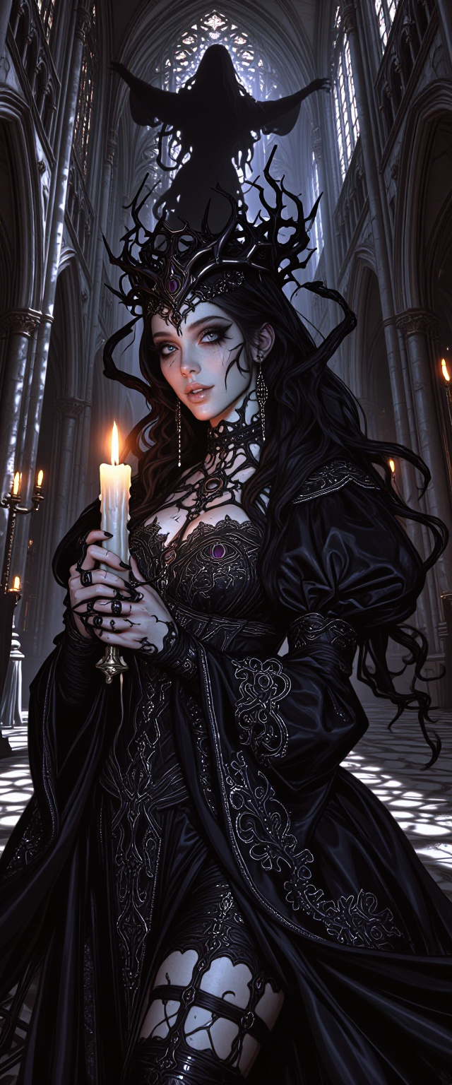 Create a high-resolution, ultra-detailed, photorealistic gothic horror portrait of a beautiful, ancient queen in a decaying cathedral, holding a singl