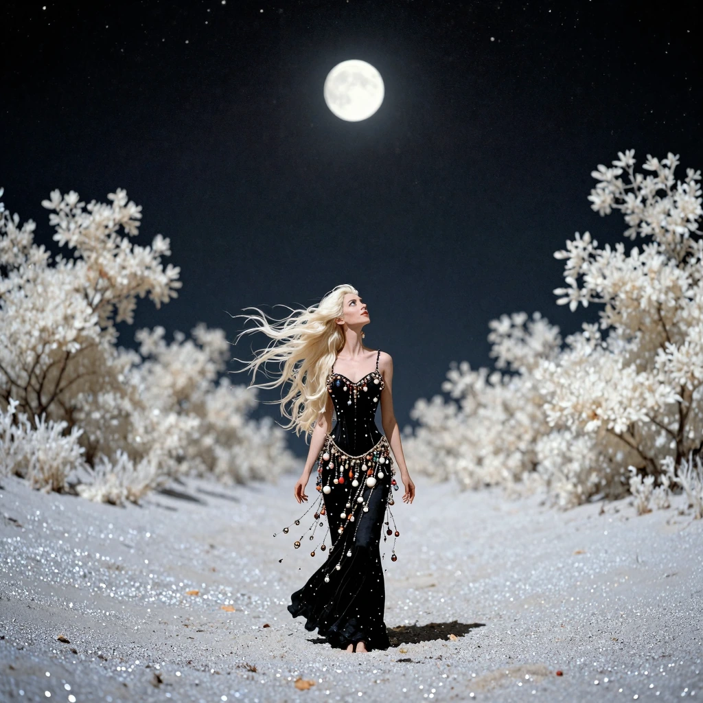 On a vast, shimmering beach, grains of sand pulse like infinite silver dots under the gaze of a full moon, radiant and whole, suspended in a velvet ni