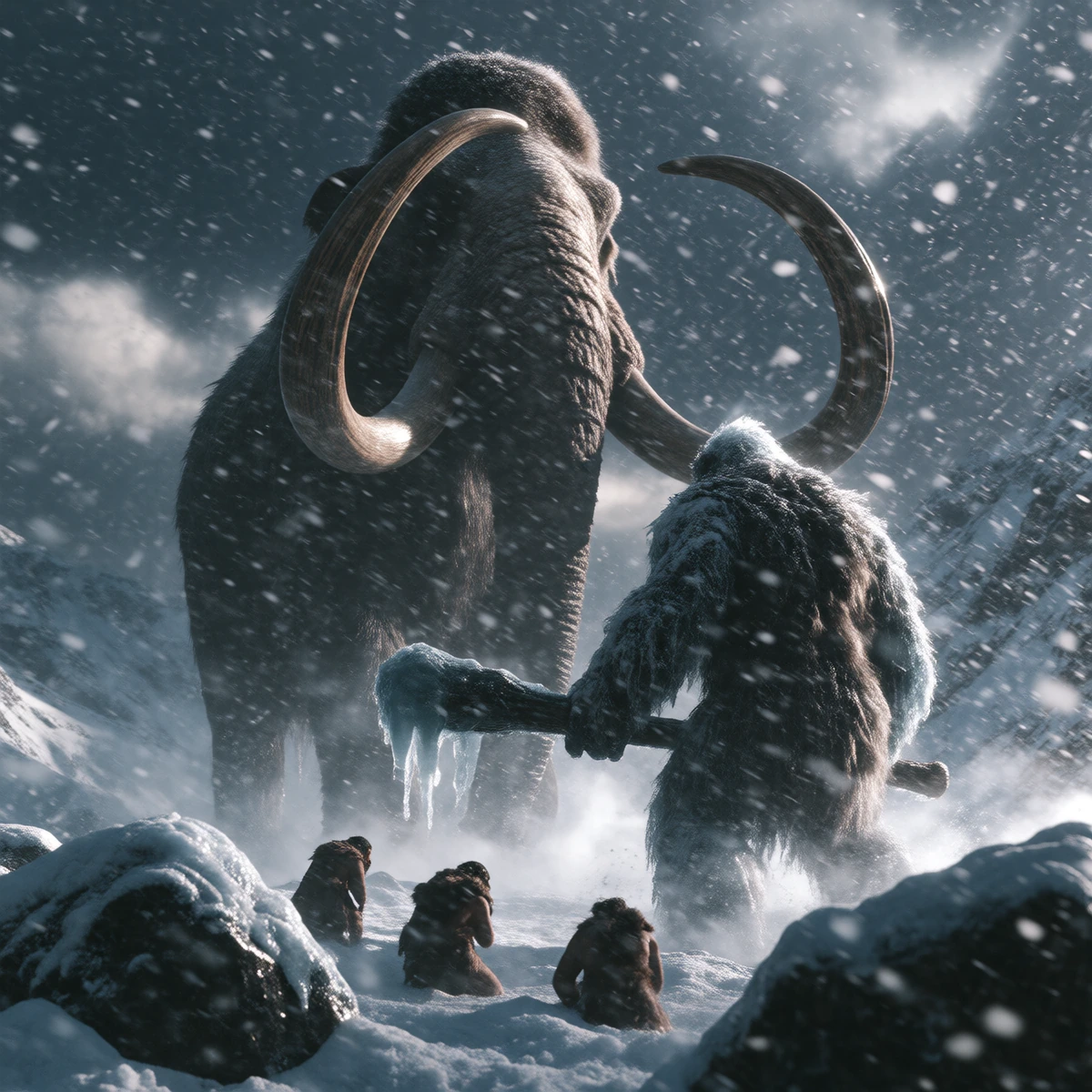 A cinematic wide shot, taken from a low angle, showing a colossal mammoth, 15 metres tall, emerging from a blizzard in a frozen valley during the Ice Age. Before him, ready for battle, stands the giant Yeti, with skin resembling cracked glacial ice, 