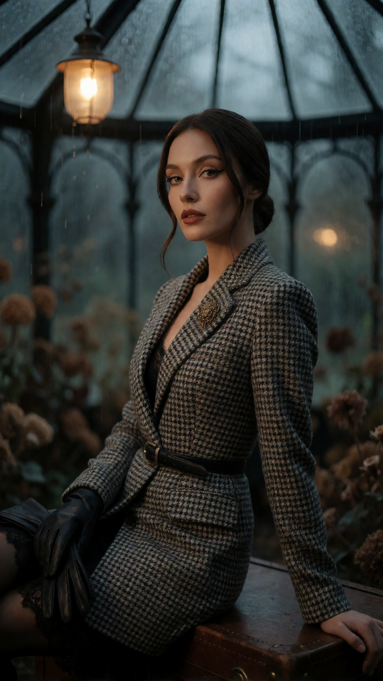 Hyper-realistic high-fashion editorial portrait of an adult woman seated on a vintage leather steamer trunk inside a Victorian glass conservatory during autumn rain, waist-up crop emphasizing face, décolletage, and posture; sleek dark chestnut hair p