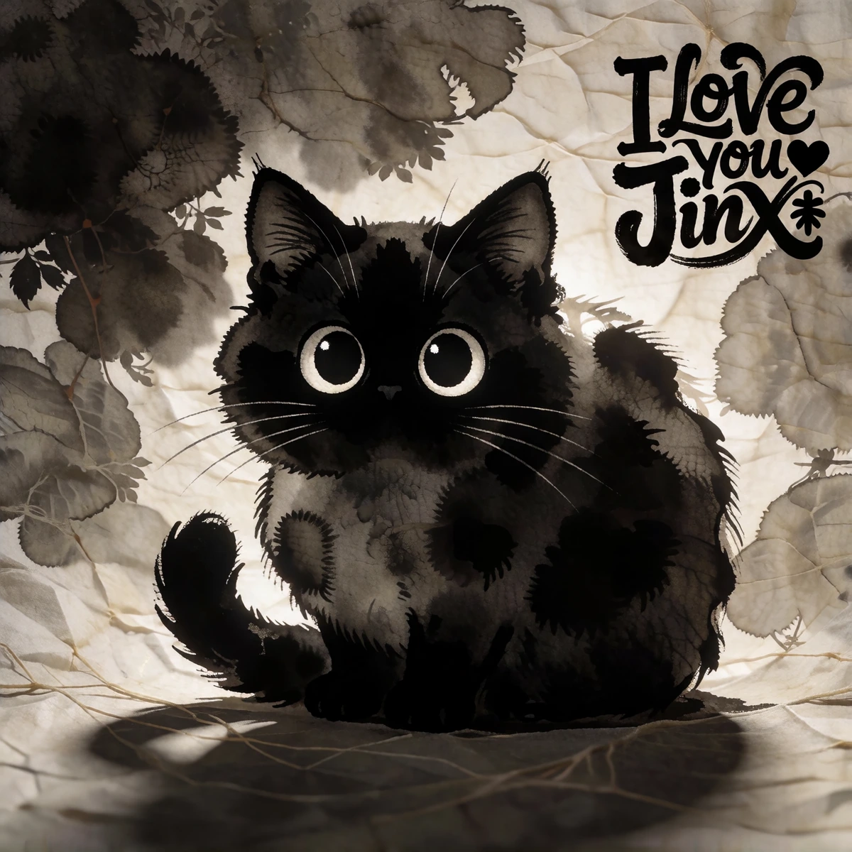 A minimalist sumi-e painting in ink on textured washi paper, depicting a fluffy, plump cartoon cat with large, round, white eyes, showcasing black ink diffusion techniques, bold calligraphic whiskers and a curled tail. The top right-hand corner bears