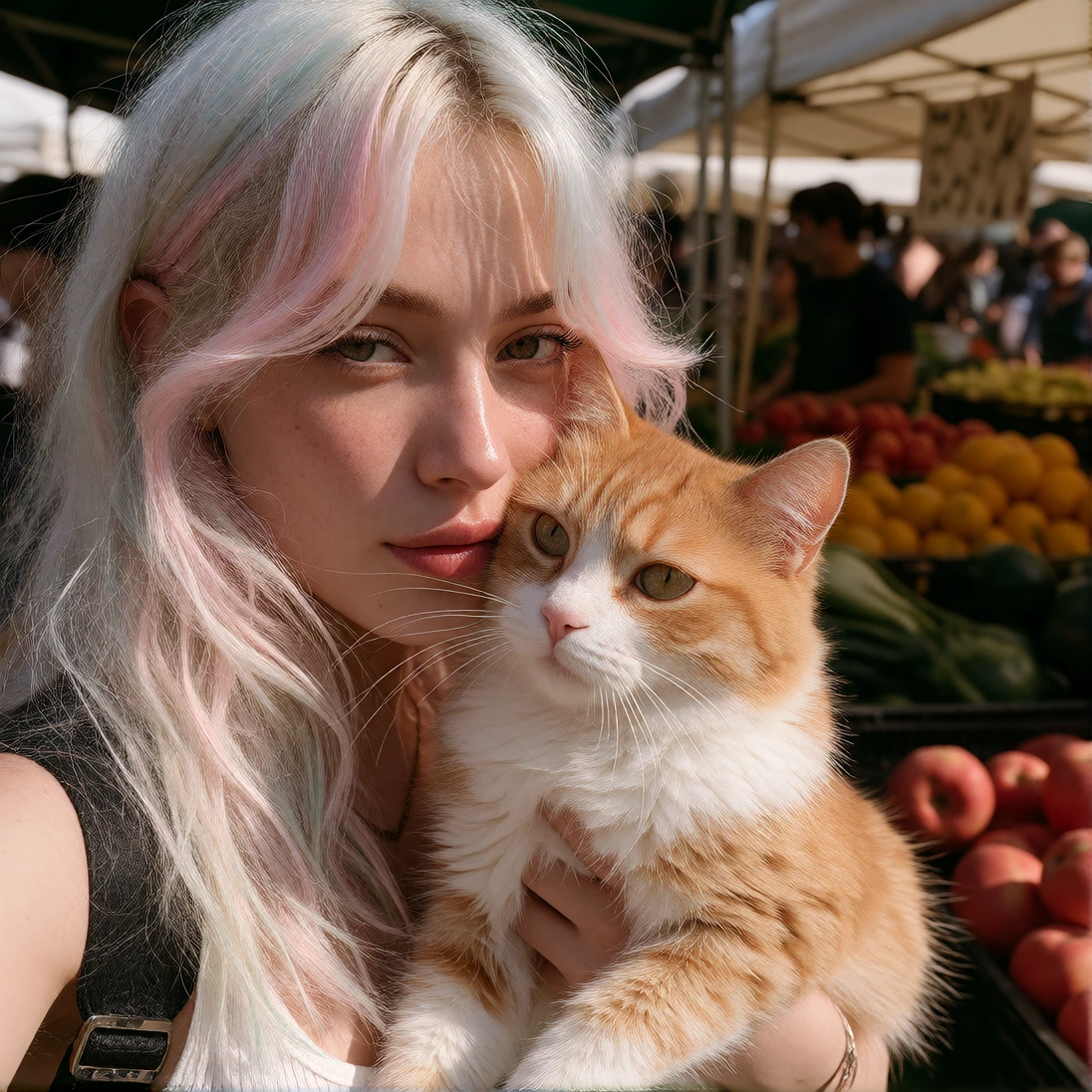 Crazy girlfriend, taking a selfie with her cat, pastel platinum hair, at a farmers market