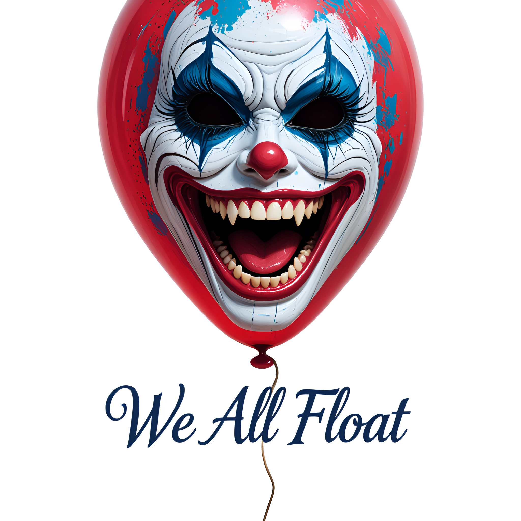 (No humans) Floating on a White Background, A Red Balloon painted with Empty Clown Makeup with Sharp Teeth. Title: "We All Float"
