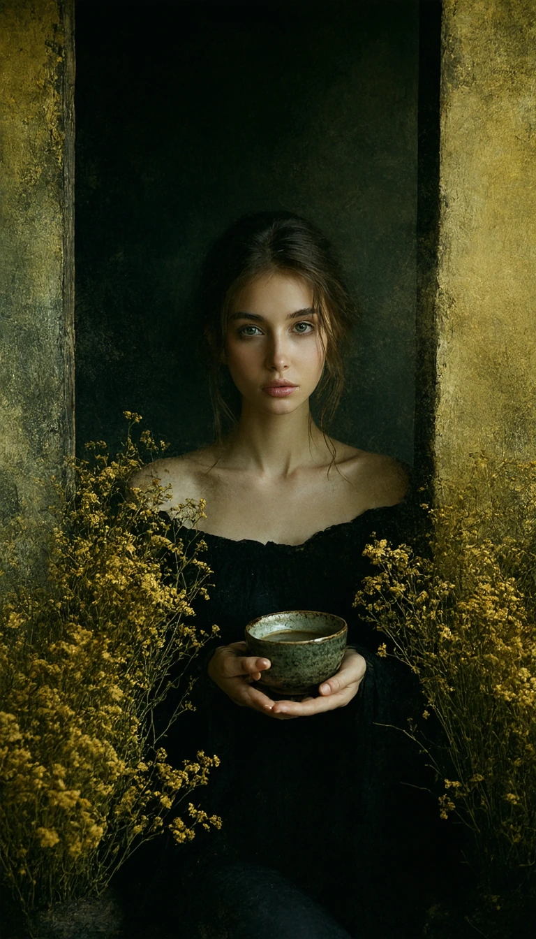 A cinematic portrait of captivating beauty depicting a young woman with a pensive expression, seen through a textured, dirt-smeared window. She holds a bowl of coffee in both hands. The melancholic femme fatale is surrounded by enormous, delicate com