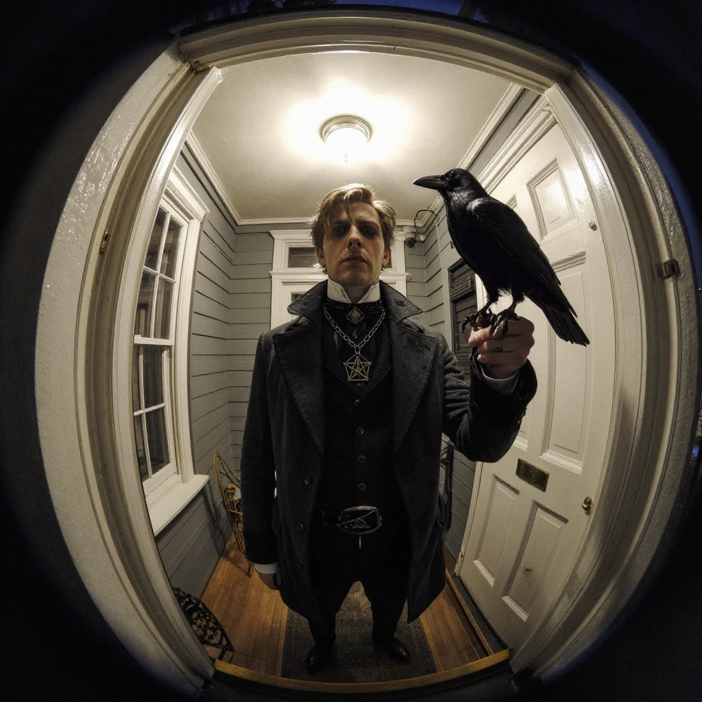 A spectacular photograph taken at night with a wide-angle fisheye lens from a doorway, showing a man in a Victorian gothic style and a crow, viewed from below. The perspective is distorted, capturing the curved white door frame and the cladding of th