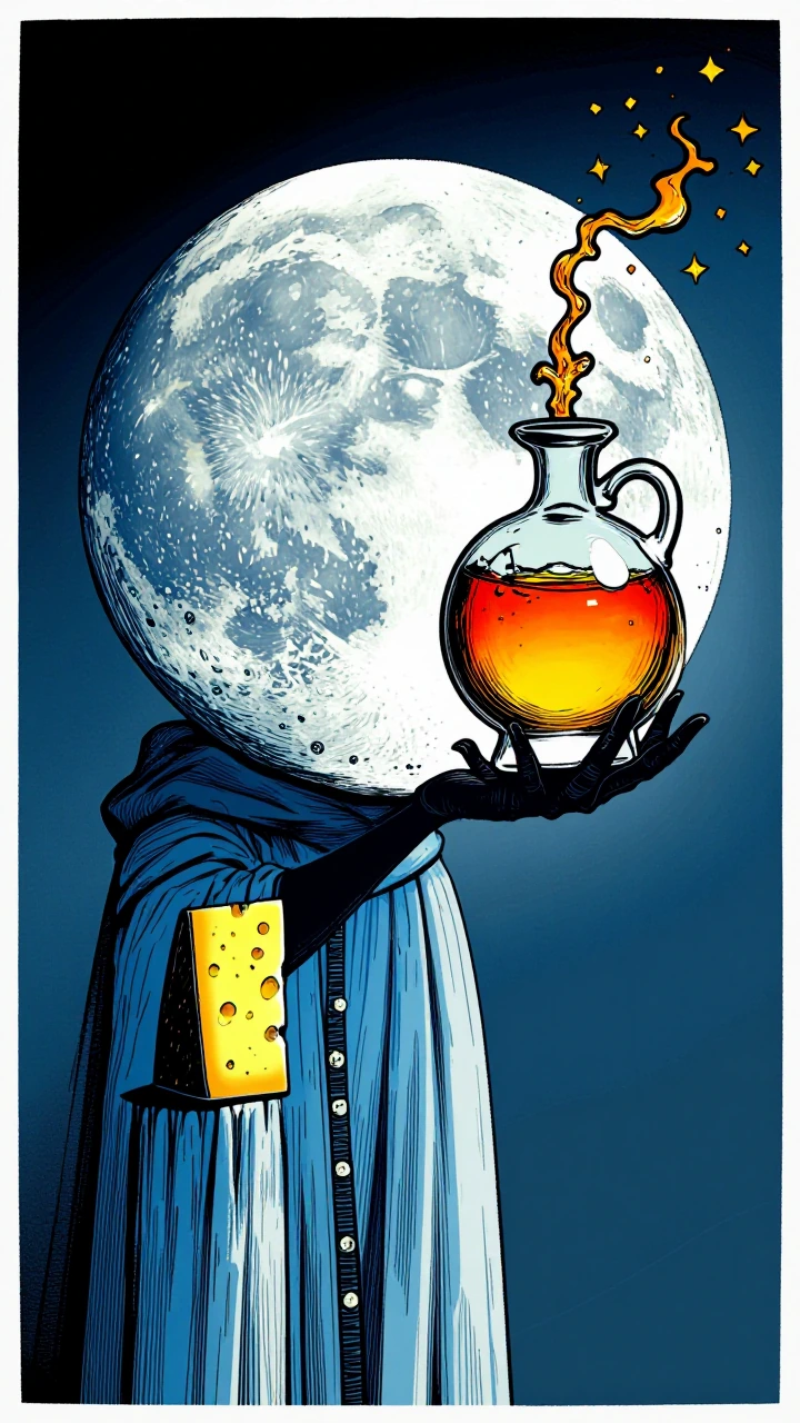 The moon holding a jug of moonshine and a block of cheese