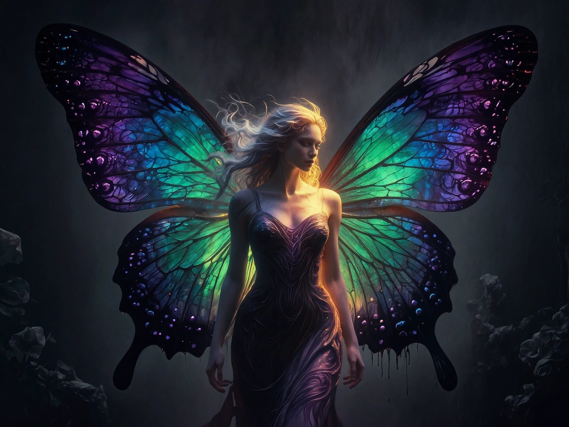 A humanoid figure with an ethereal, androgynous face seamlessly transitioning into massive iridescent butterfly wings, delicate translucent membranes 