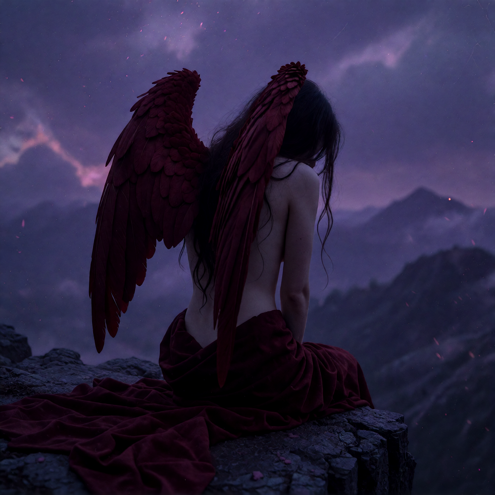 pale skinned angel woman sitting, viewed from behind, dark red wings, on a cliff edge at twilight, deep purple-blue sky, atmospheric, moody lighting