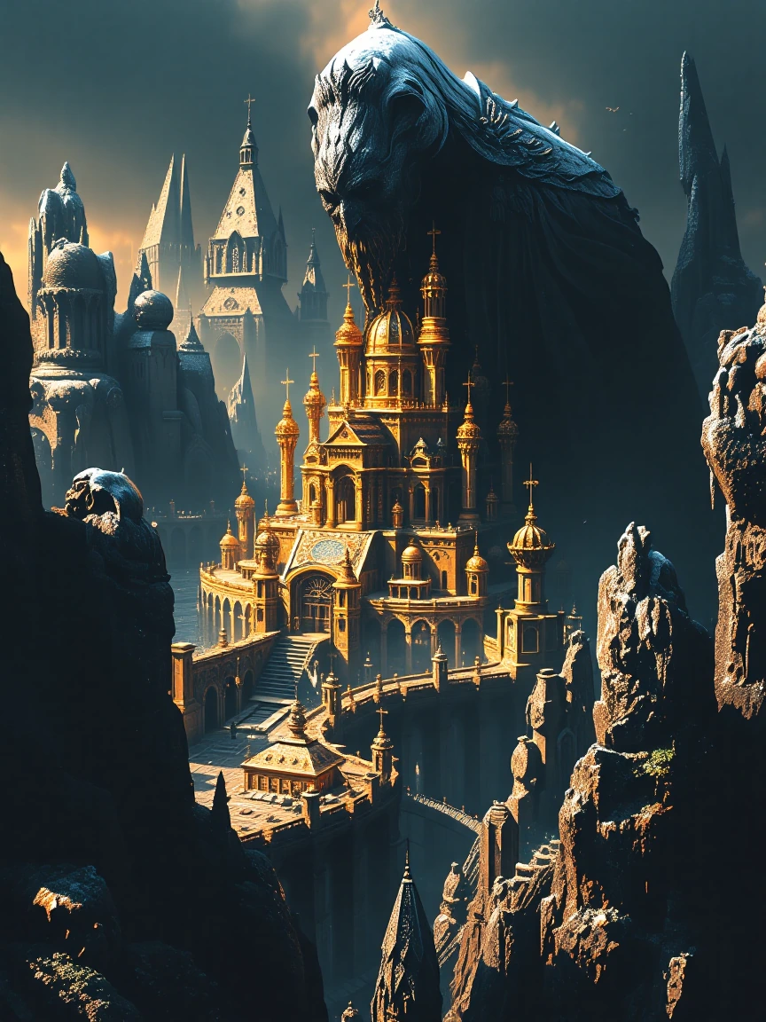 A giant black canvas with a golden origrimmar inspired city