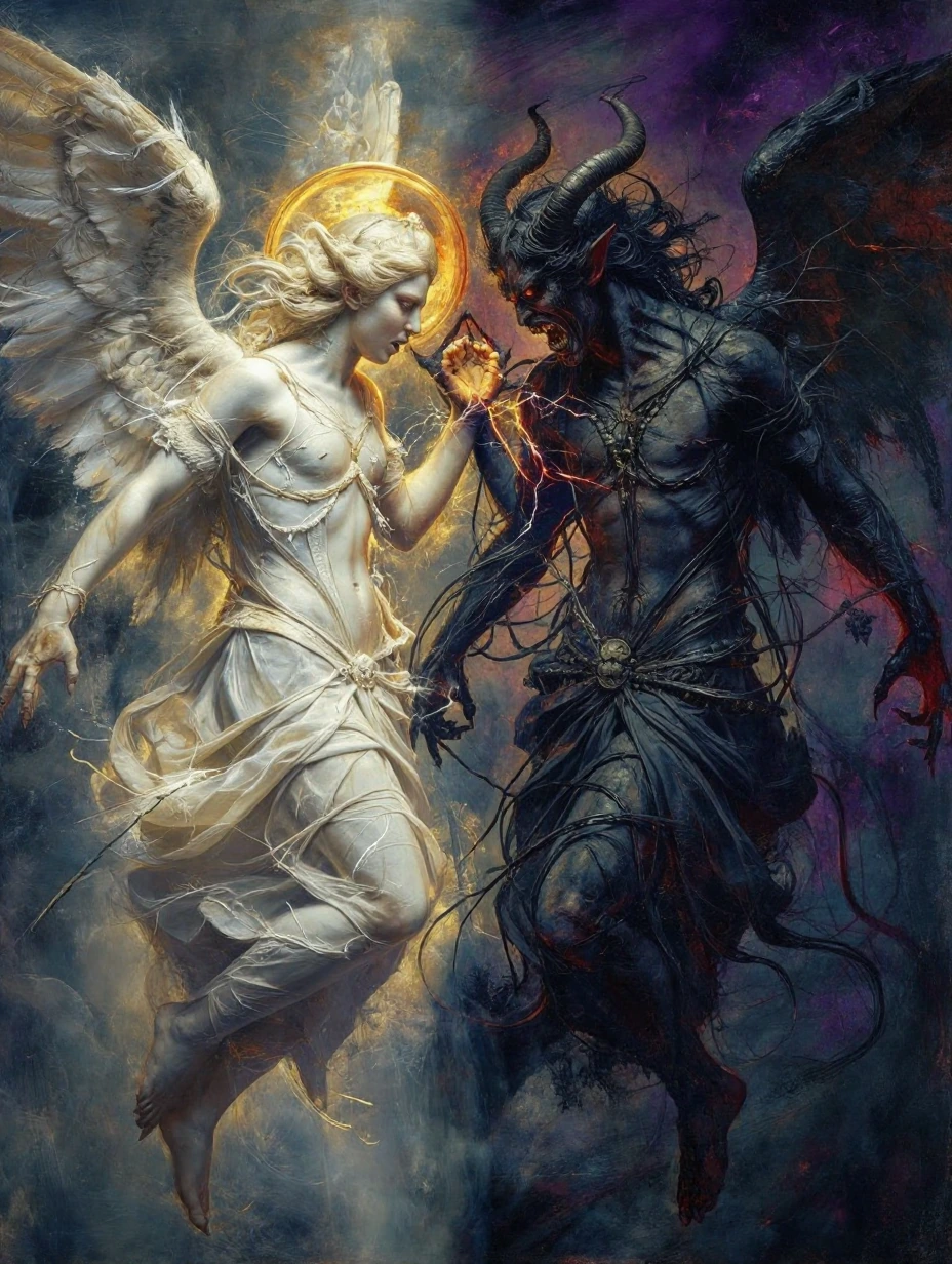 A breathtaking divine confrontation frozen in cosmic tension, split-screen composition showing an ethereal angel with luminous white wings and golden halo on one side, a shadowy demon with obsidian horns and crimson eyes on the other, their forms mer