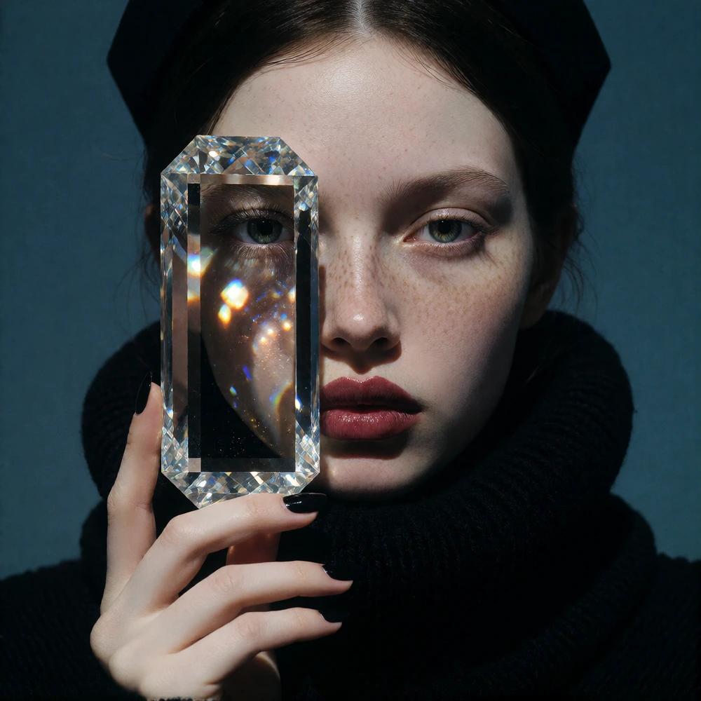 Close-up of a pale-skinned woman with dark hair and freckles. She holds a large, clear rectangular crystal prism in front of her face, which refracts and magnifies her right eye and nose. The subject has an oval face, full burgundy lips, and is weari