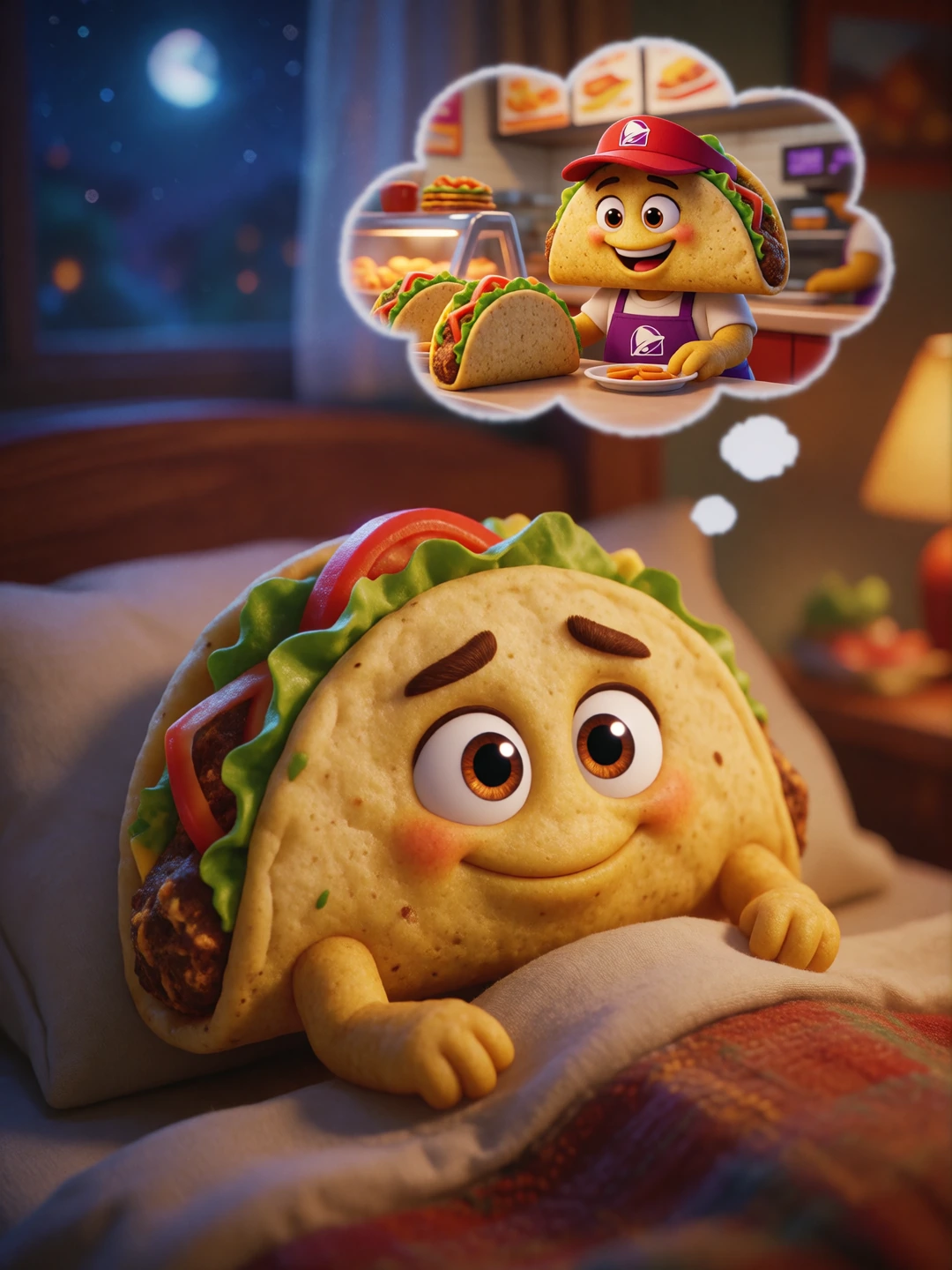 A realistic human-like anthropomorphic taco character with a soft-shell body, expressive cartoon eyes, and stubby arms and legs, lying in a cozy bed w