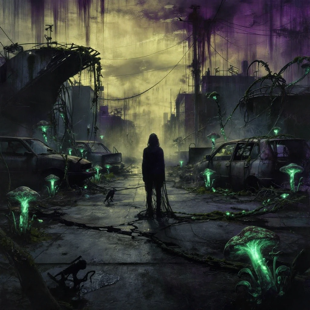 Vertical composition: a cracked concrete urban wasteland slowly consumed by bioluminescent fungal networks glowing sickly green and violet, sprouting through fractured pavement and abandoned machinery. Twisted metal structures half-buried in moss and