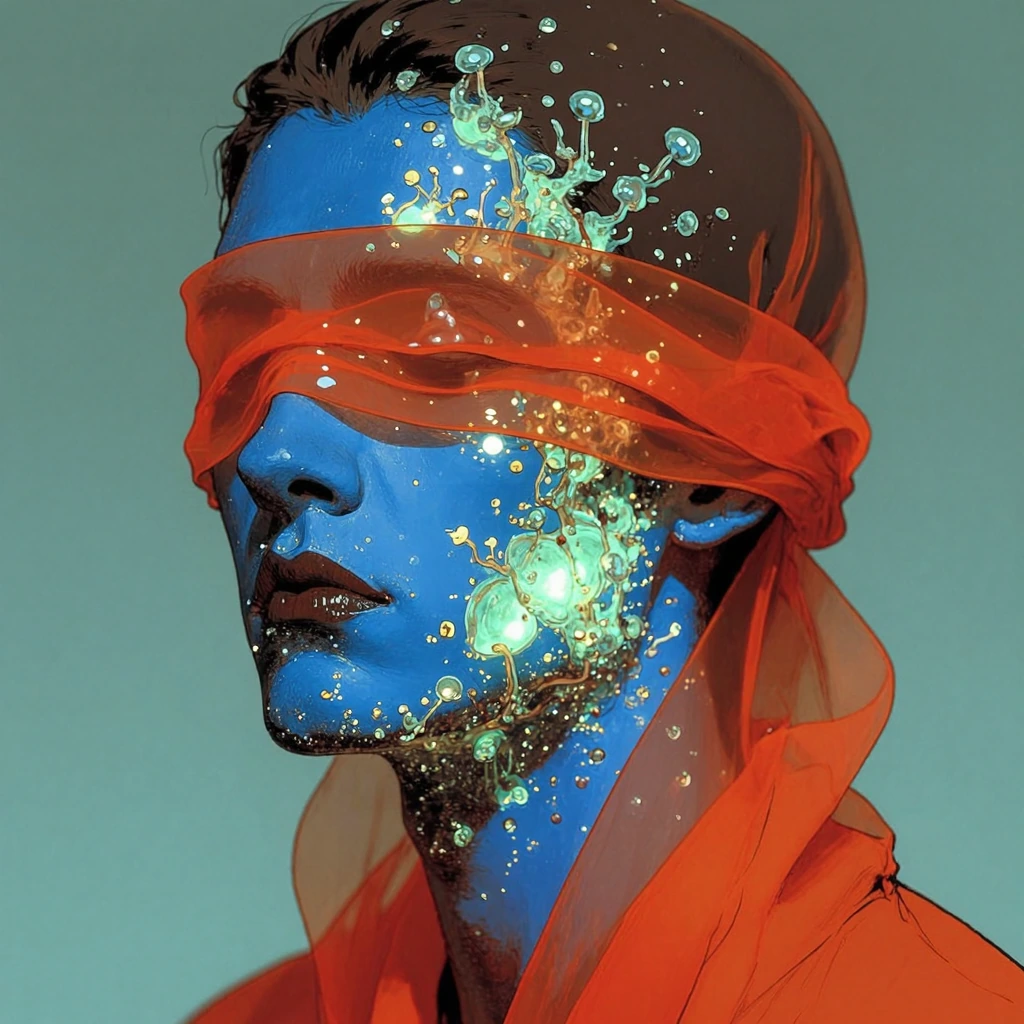 this is a digital artwork featuring a close-up of a person's head and neck, rendered in a vibrant, surreal style, the subject, with a smooth, androgyn