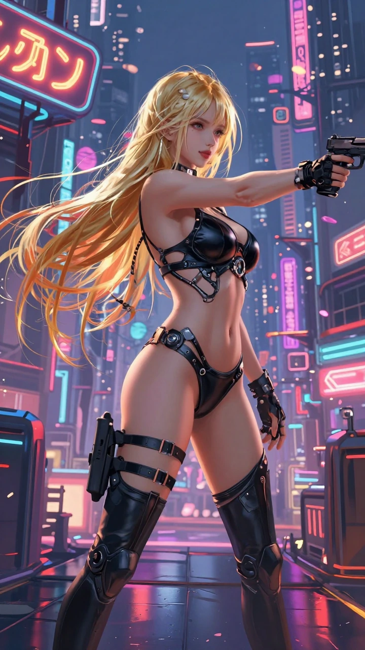 a digital illustration in a vibrant, futuristic cityscape, the central figure is a young woman with long, flowing blonde hair cascading down her back, she has a slender, athletic build with prominent breasts and a toned, muscular body, her skin is pa