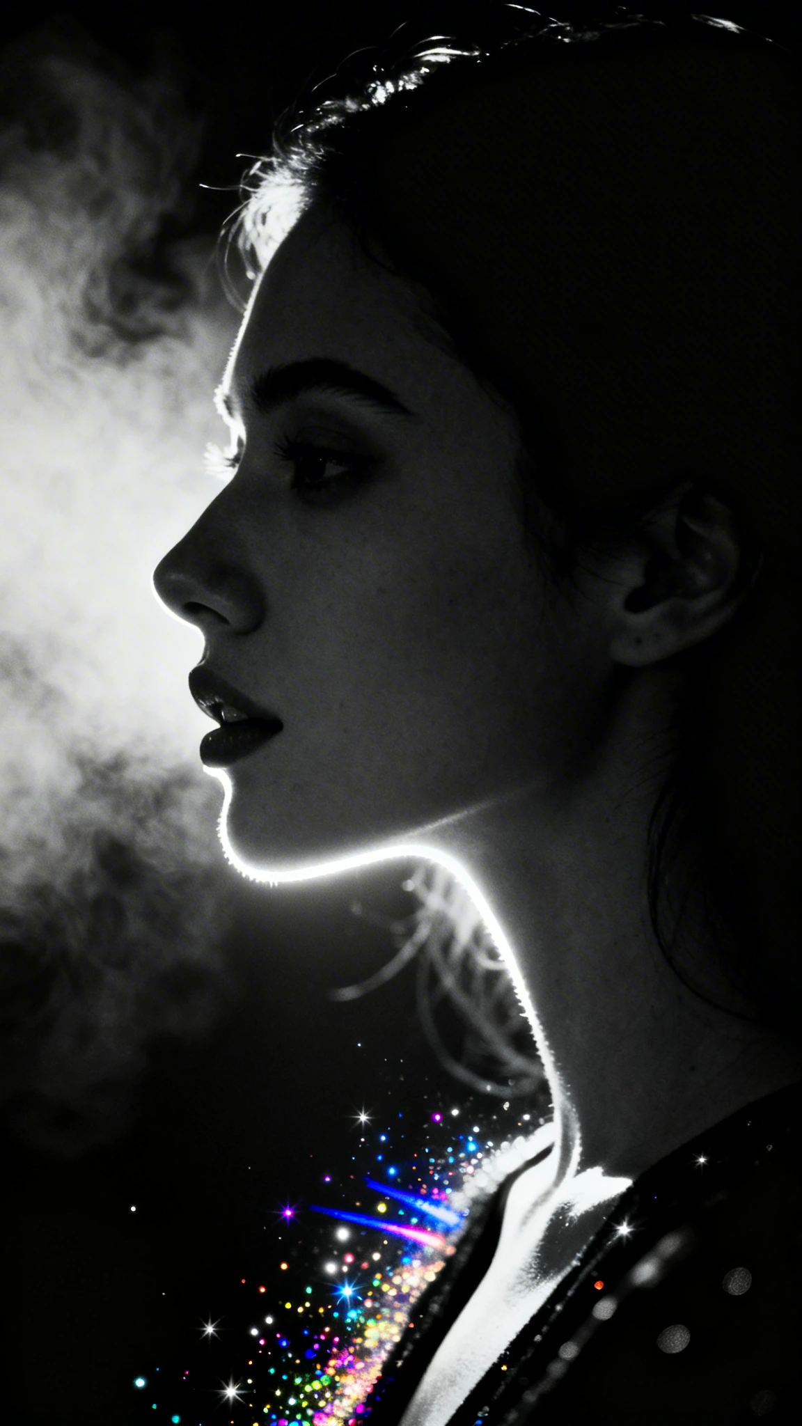 in the style of chargen_stylised_illustration image of A woman in profile view, thin rim light outlining her nose, lips, and jawline, rest of the fram