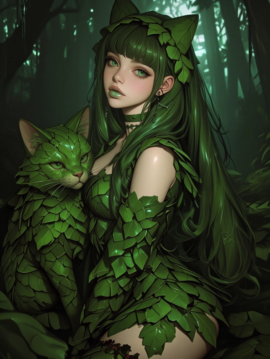 Female forest, spirit, beautiful, iridescent, pale green lips, beautiful long hair made out of green leaves, green eyes, with a forest cat made out of leaves, beautiful forest background, 3-D realistic manga, airbrushed, beautiful pose, mini dress ma
