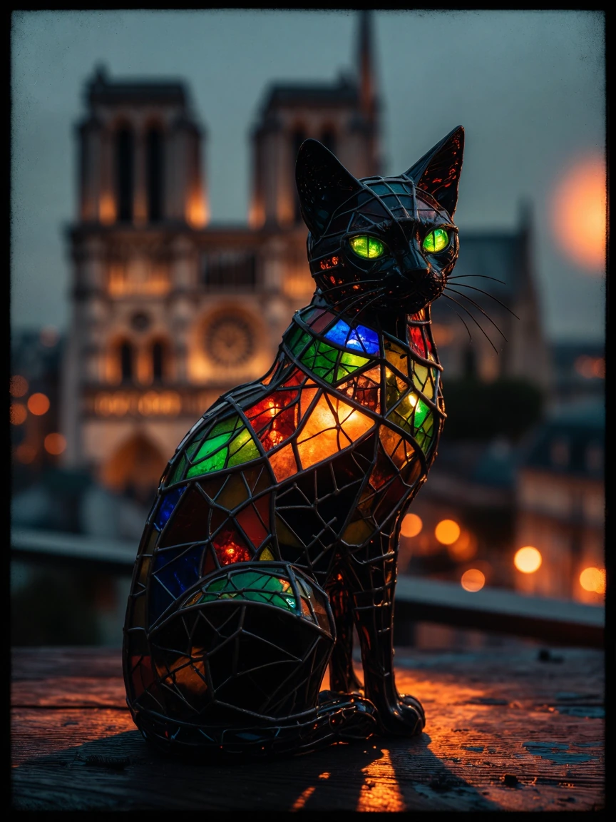 Close-up of a backlit photograph showing a richly decorated three-dimensional stained-glass sculpture of a seated cat, set against the skyline of Paris. A breathtaking view#Notre-Dame Cathedral in Paris, with its cartouches. The intricate mosaic of g