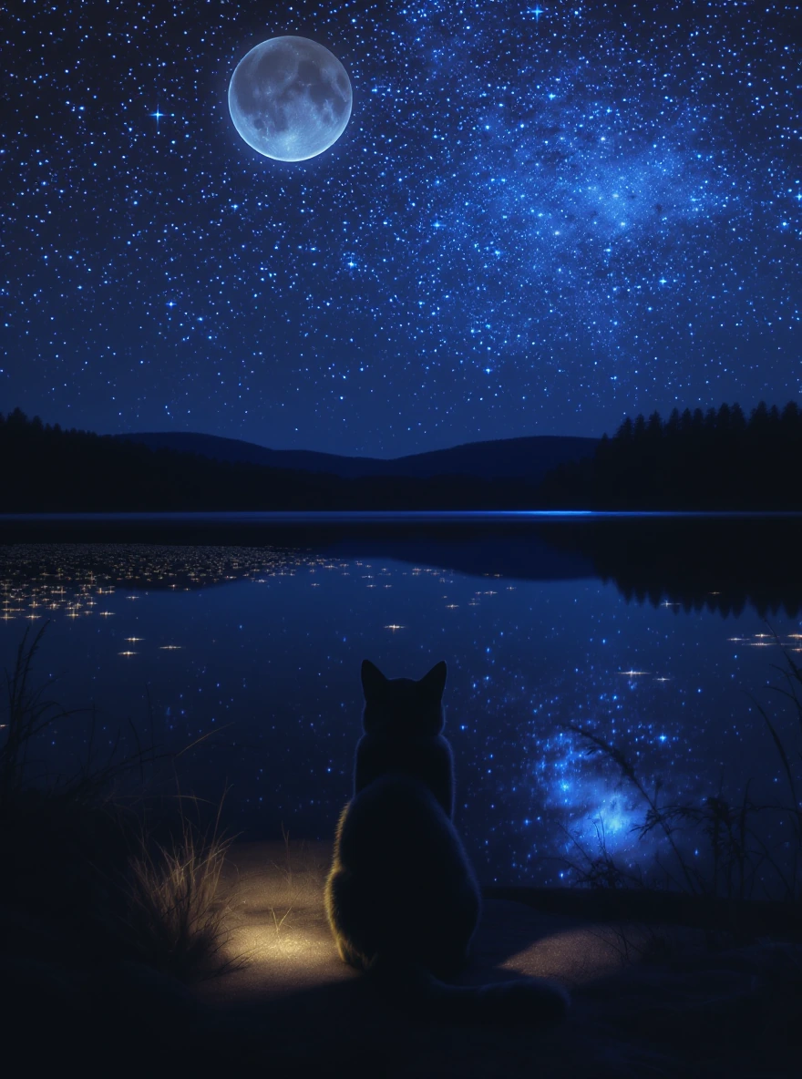 Cosy nighttime vibes, stars, lake, cat