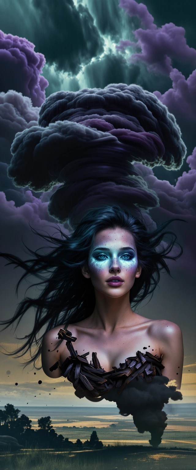 Woman's serene face and shoulders melting seamlessly into a massive dark tornado—her skin textures bleeding into churning storm clouds, hair whipping into violent wind currents. Debris, splintered wood, and rain spiral within her transformed body, ca