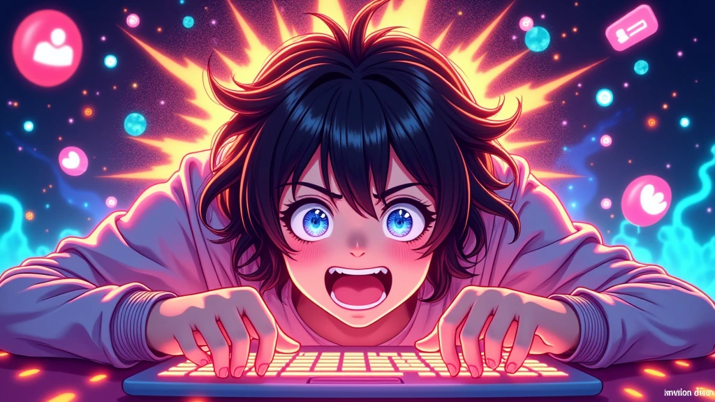 over-the-top excited millennial/Gen Z person about to hit post, huge sparkling anime eyes, mouth open in silent scream, hands shaking violently above 