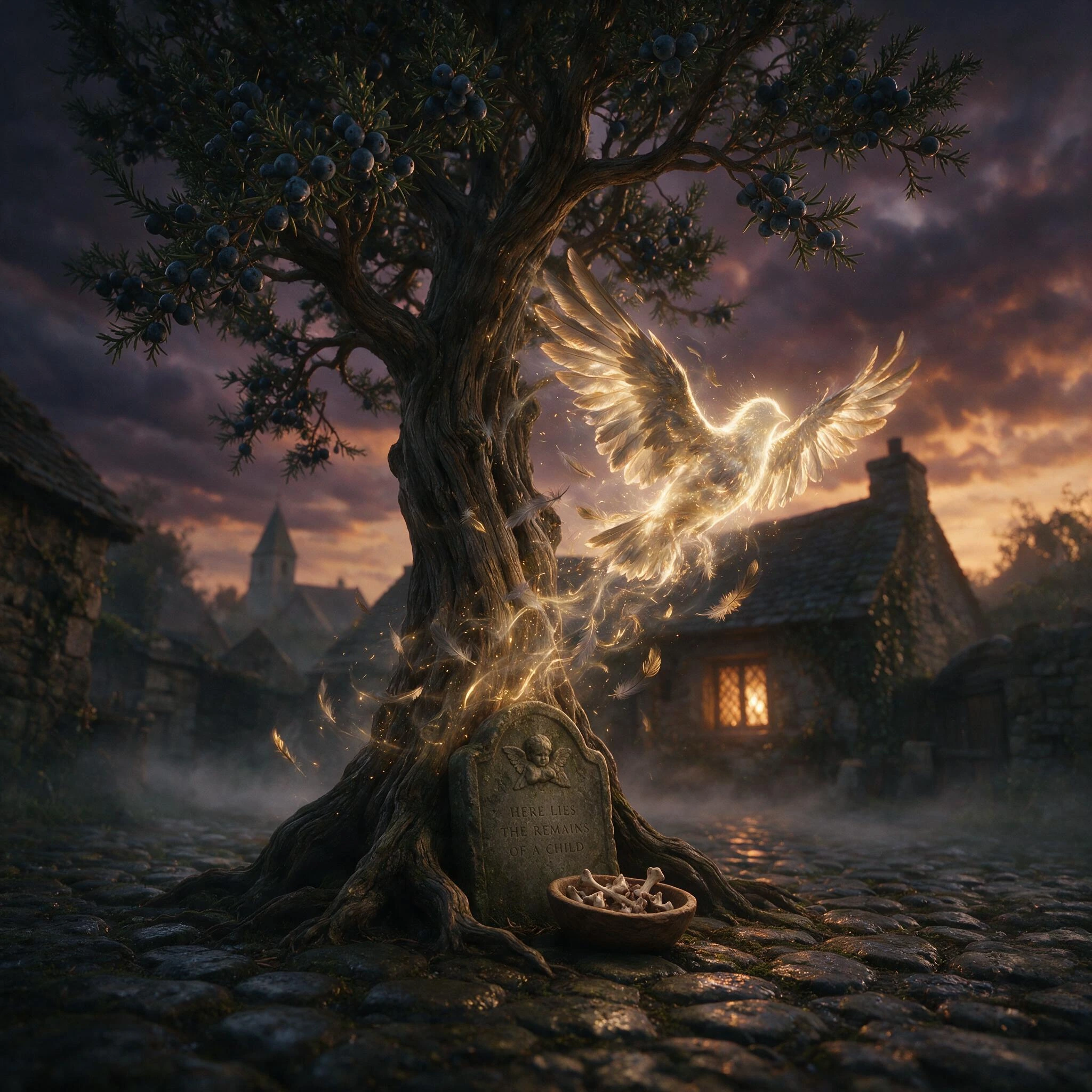 Depict a haunting scene from "The Juniper Tree," one of Grimm's darkest lesser-known tales: a weathered sandstone gravestone beneath an ancient juniper tree, its gnarled branches heavy with clusters of blue-black berries, positioned in a misty mediev