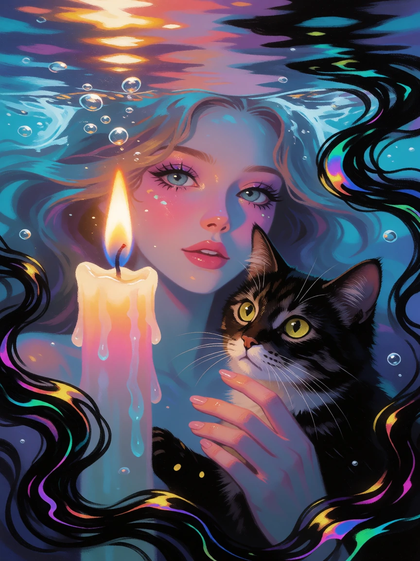 Surreal witchcore pastel painting, a candle burning underwater, add the cat, iridescent black swirls, anime photography, beautiful siren