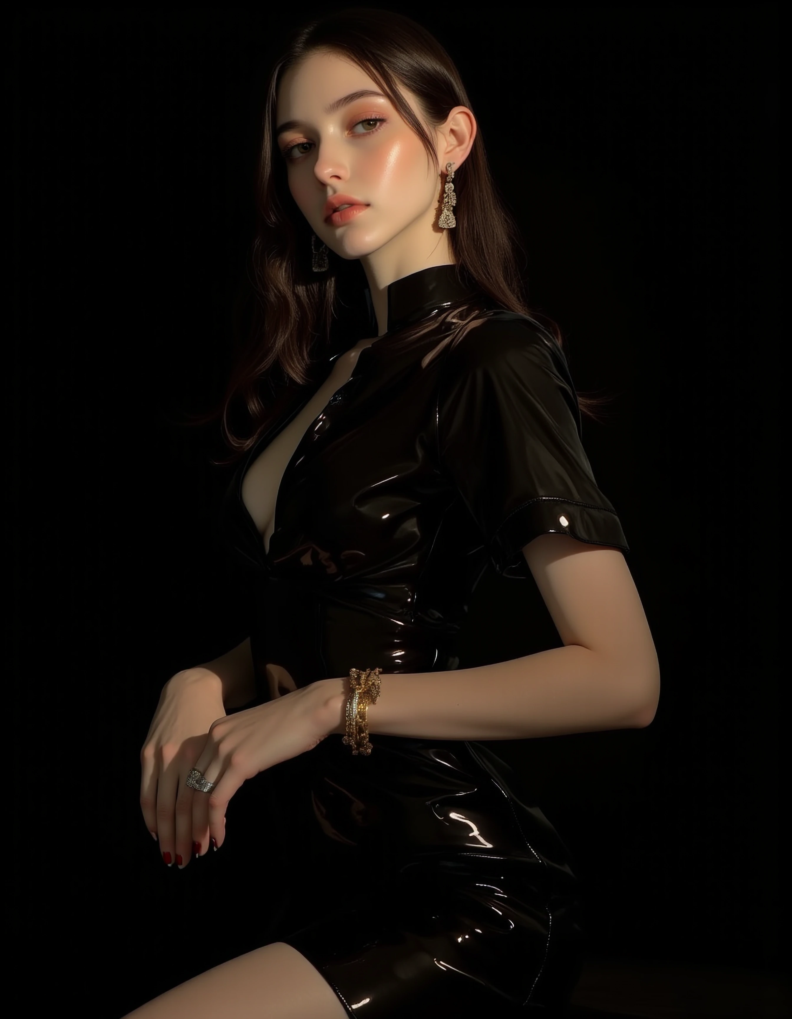 { "atmosphere": "sophisticated and edgy", "background": { "color": "black", "texture": "smooth and reflective" }, "composition": { "focus": "subject in the foreground with a minimalistic background", "framing": "centered" }, "image_type": "portrait",
