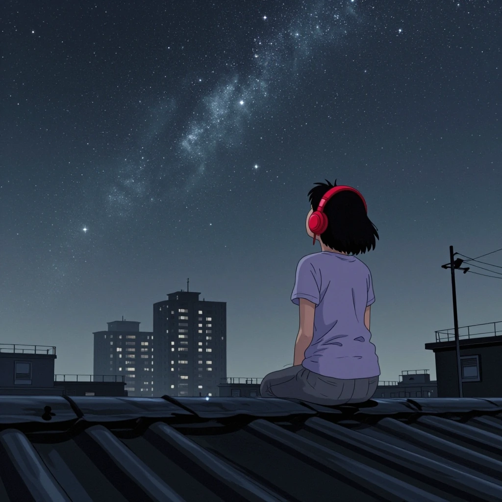a ghibli style image of a solitary woman perched on a dark, corrugated rooftop, gazing upwards into a magnificent night sky. The woman, with short dark hair and wearing vibrant red headphones, a light purple t-shirt, and grey pants, sits with her bac