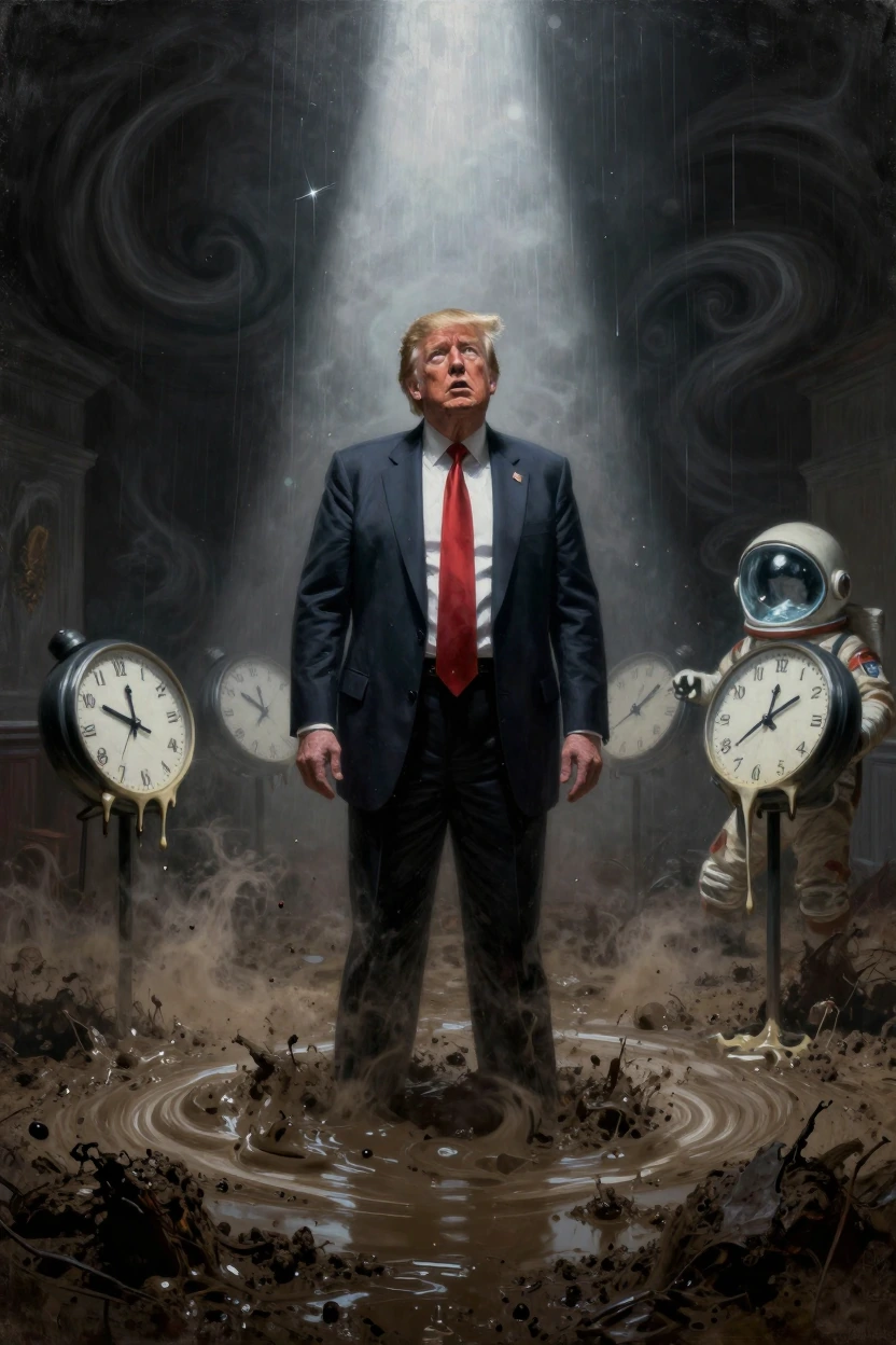 Create a hyper-realistic, surrealist digital painting featuring [Donald Trump] in a situation where they are completely out of their depth. Scene Description: The figure is standing in a mundane yet absurd environment that contradicts their historica