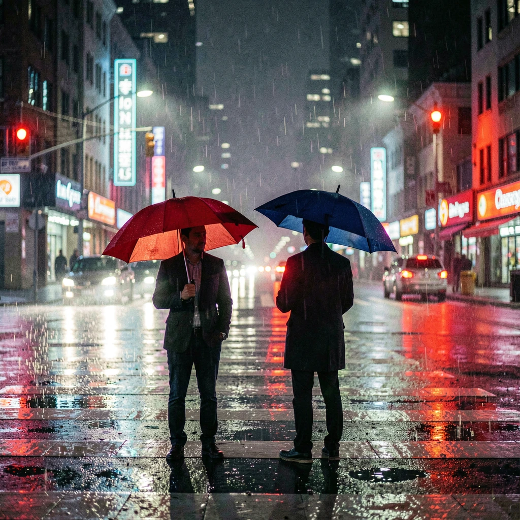 Two solitary figures standing at a rain-soaked urban crosswalk, one holding a vibrant red umbrella and the other a deep blue umbrella, separated by a few feet yet connected by the moment. Wet pavement reflects neon street lights and glowing traffic s