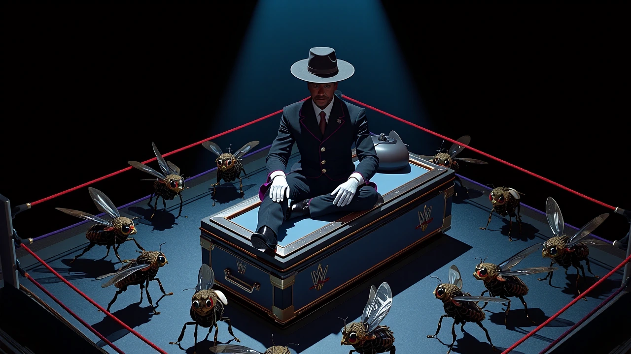 Isometric diorama: moths in WWE wrestler gear grappling around a coffin in a lit ring. At center, a rusted lamppost with cracked glass head rises from the coffin wearing The Undertaker's long black coat, purple trim, and wide-brimmed hat in a theatri