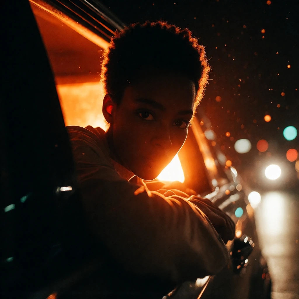 Young person of color leaning from car window at night, short textured hair backlit in fiery orange creating a glowing halo against deep shadow, eyes locked in direct intense gaze—face mostly silhouetted. Chiaroscuro lighting with warm orange firelig