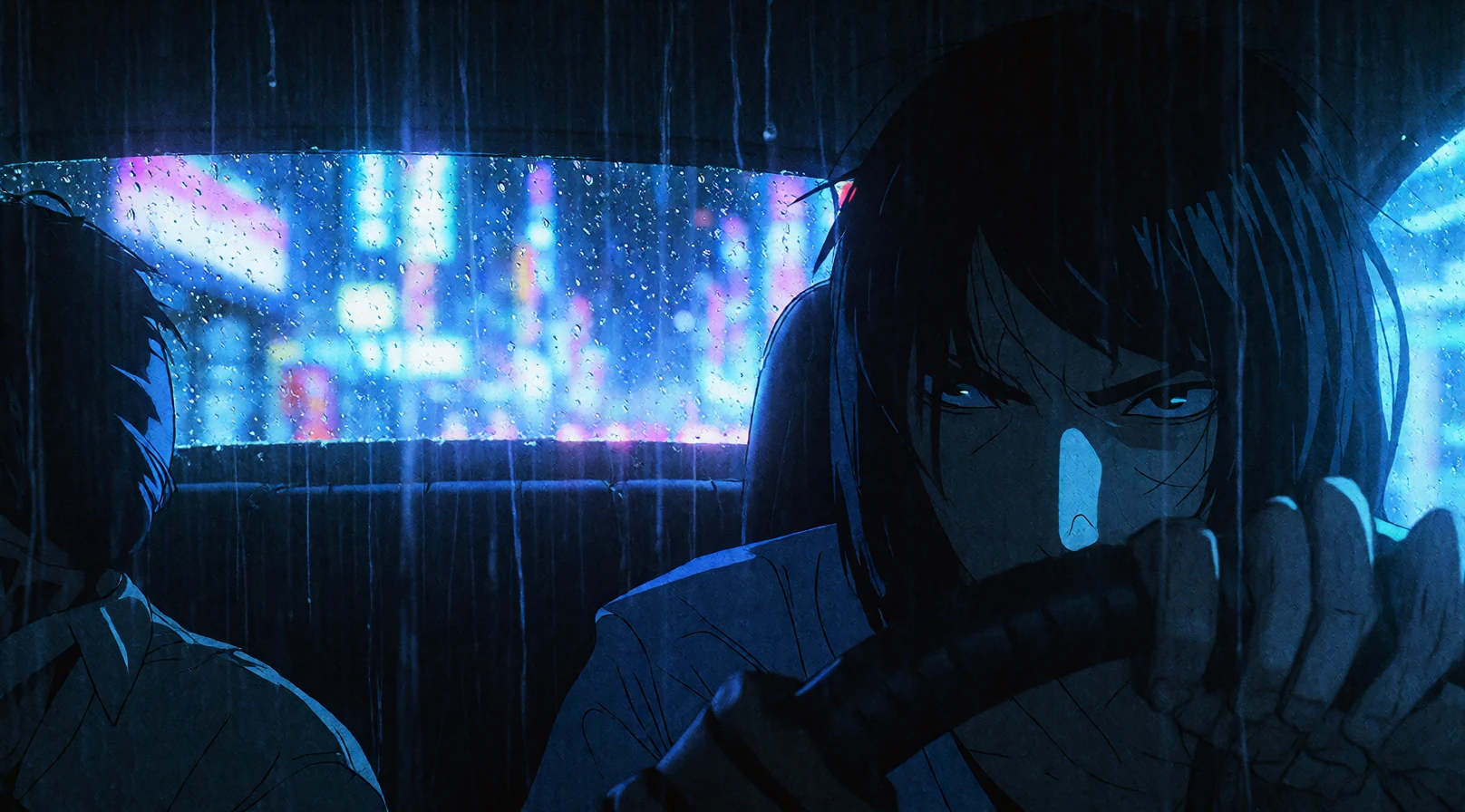 16:9 keyframe, high-grade raw avant-garde cinematic still with heavy film grain, bold imperfect black line accents, and extreme blue color grading, --sref 3930719818 “Midnight feature in Neo Tokyo.” A tense, intimate moment inside a rain-streaked car