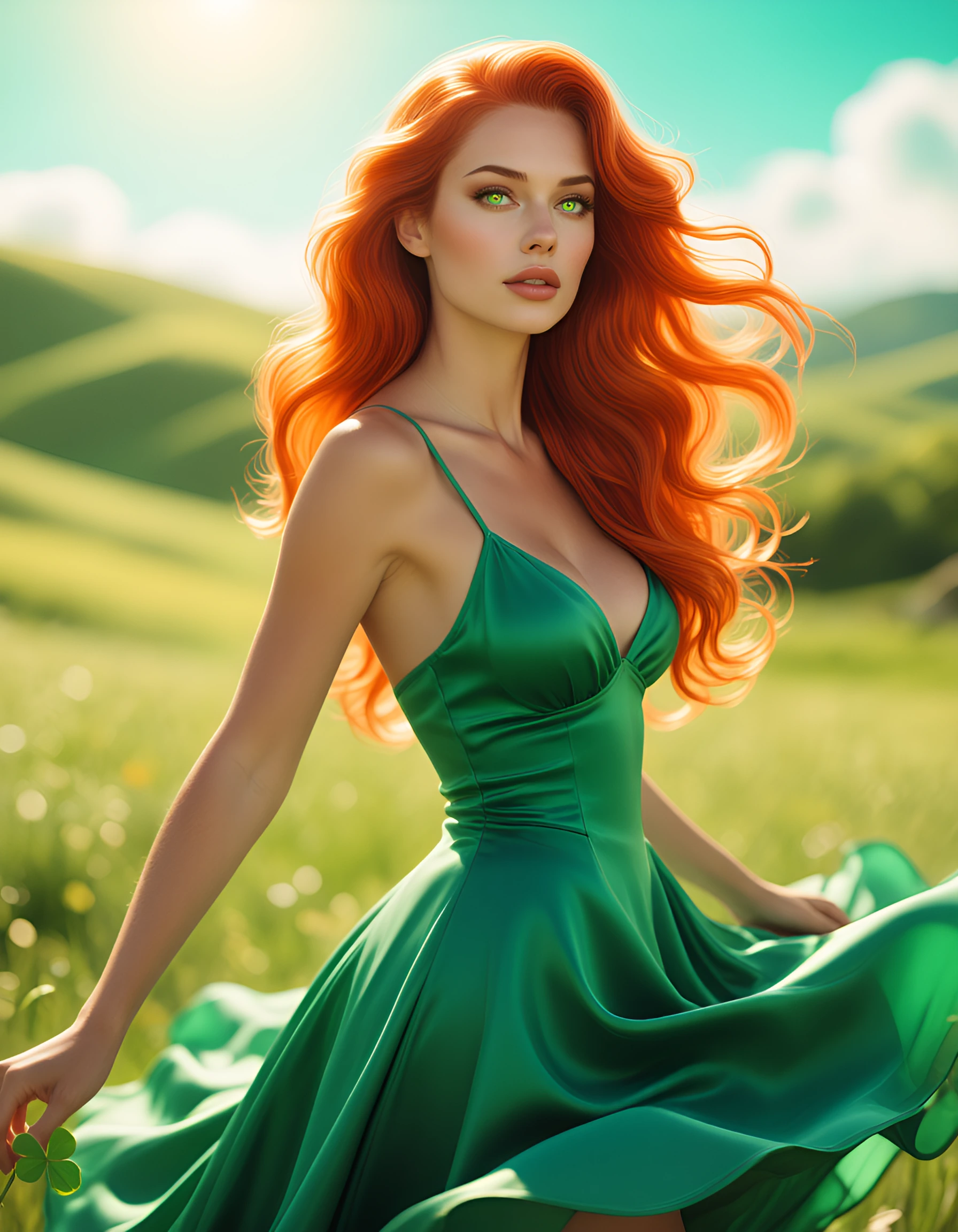 Sleek, toned physique woman, elegant curves, Regally beautiful face, striking green eyes, lustrous auburn hair cascading past her shoulders, smooth flawless skin, wearing a silky emerald green mini sundress. She has a playful expression on her face a